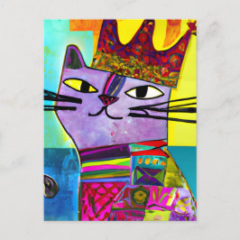 Lila Katze in einer Crown Mixed Media Collage Postkarte