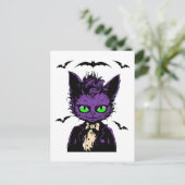 Lila Katze mit Fledermäusen Postkarte (Stehend Vorderseite)