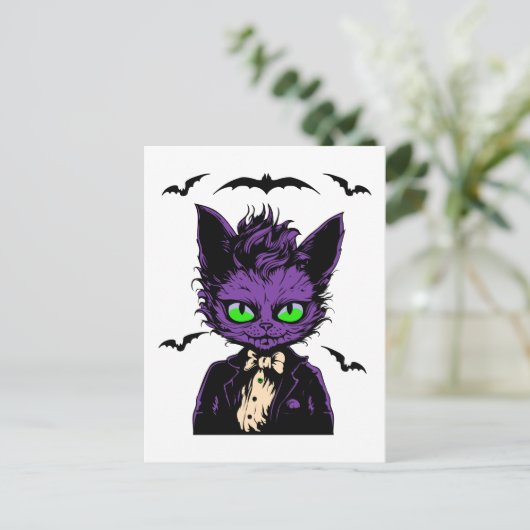 Lila Katze mit Fledermäusen Postkarte (Stehend Vorderseite)