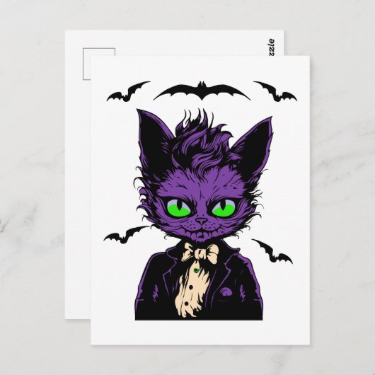 Lila Katze mit Fledermäusen Postkarte (Vorne/Hinten)