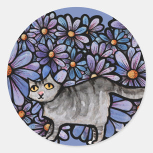 Lila Katzen-Margeriten Graue Katze Kunst Graue Kat Runder Aufkleber