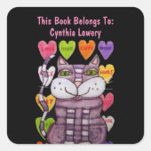 Lila katzengrüne Augen Bonbons Herz mit Redewendun Quadratischer Aufkleber (Vorderseite)