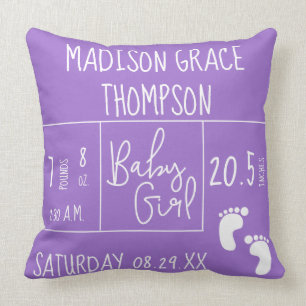 Lila Keepake Personalisierte Baby Girl Birth Stat Kissen