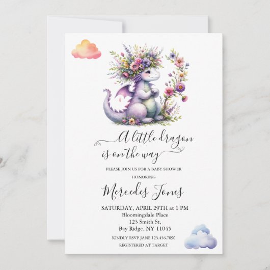 Lila Kinderdrache mit Blume Rainbow Art Einladung (Vorderseite)