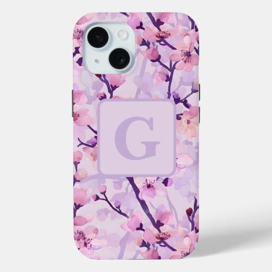 Lila Kirschblüten personalisierte Monogramm Case-Mate iPhone Hülle (Rückseite)