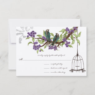 Lila Kirschblüten Türkisfarbene Vögel Vogelkäfig R RSVP Karte