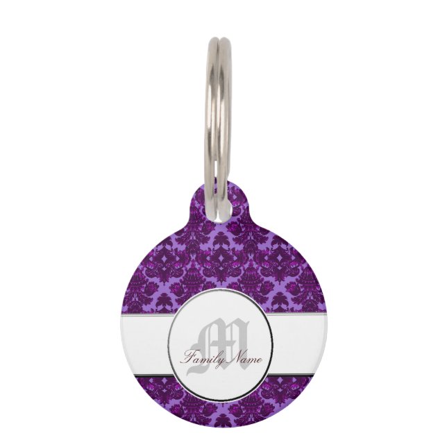 Lila klassischer Damast (Monogramm) Haustiermarke (Vorderseite)