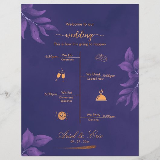 Lila klassisches Hochzeitsprogramm aus Marmor (Vorderseite)