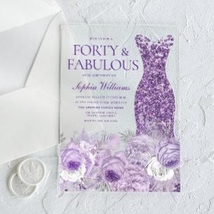 Lila Kleid Blumen 40 & Fantastisch 40. Geburtstag Acryleinladungen