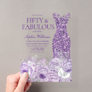 Lila Kleid Blumen 50 & Fabelhaft 50. Geburtstag Acryleinladungen