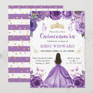 Lila Kleid Braunhaarige Prinzessin Quinceanera Einladung