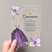 Lila Kleid Floral Butterfly Gold Quinceanera Acryleinladungen (Insitu (Handheld))