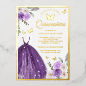 Lila Kleid Floral Butterfly Quinceanera Gold Folieneinladung (Vorderseite)