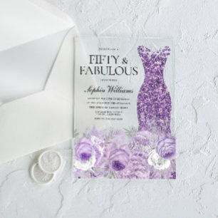 Lila Kleid Floral Fifty & Fabulous 50. Geburtstag Acryleinladungen