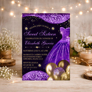 Lila Kleid, Glitter & Gold Ballons Sweet 16 Einladung