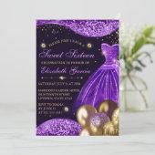 Lila Kleid & Gold Glitzer Balloons Sweet 16 Einladung (Stehend Vorderseite)