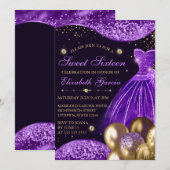 Lila Kleid & Gold Glitzer Balloons Sweet 16 Einladung (Vorne/Hinten)