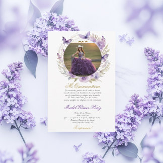 Lila Kleid Quinceanera mit Bild auf Spanisch Einladung
