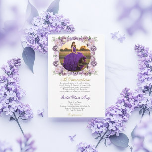 Lila Kleid Quinceanera mit Bild auf Spanisch Einladung