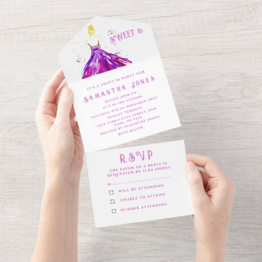Lila Kleid Sweet 16 Floral Sechzehn Girly Elegant All In One Einladung (Abreißen)