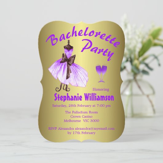 Lila Kleid und Glitzer Junggeselinnen-Abschied Einladung (Stehend Vorderseite)