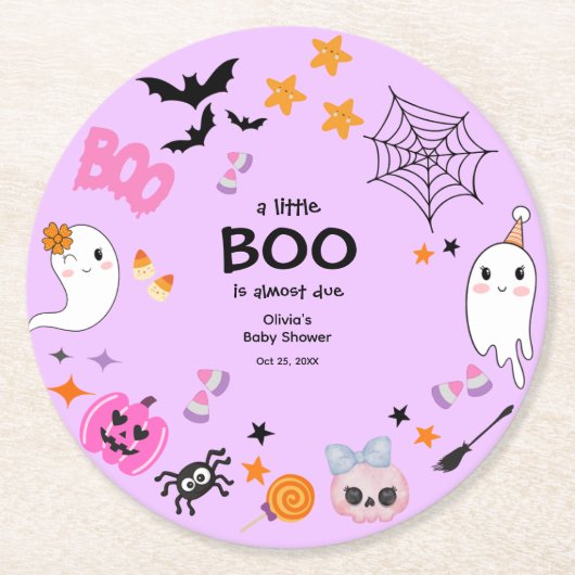Lila kleine Boo Niedliche Halloween-Kinderdusche Runder Pappuntersetzer (Vorderseite)