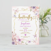 Lila kleiner Schmetterling Rosa Blütenbraun 1. Geb Einladung (Stehend Vorderseite)