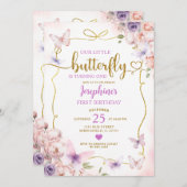 Lila kleiner Schmetterling Rosa Blütenbraun 1. Geb Einladung (Vorne/Hinten)