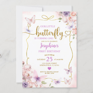 Lila kleiner Schmetterling Rosa Blütenbraun 1. Geb Einladung