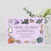 Lila Koffer oder Behandle Kinder Buntstift Hallowe Einladung (Stehend Vorderseite)