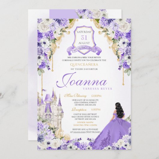 Lila Königliche Prinzessin Gold & Lavender Quincea Einladung (Vorne/Hinten)