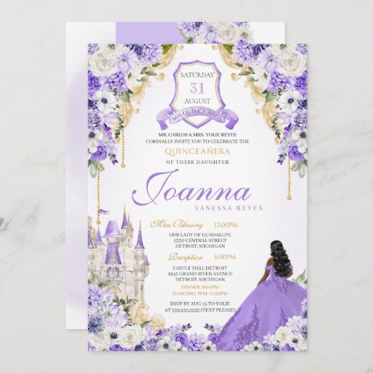 Lila Königliche Prinzessin Gold & Lavender Quincea Einladung (Vorne/Hinten)