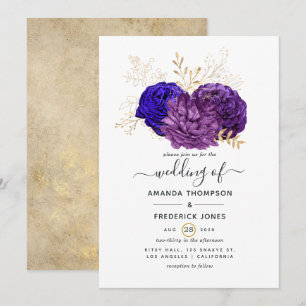 Lila, königsblaue und goldene florale Hochzeit Einladung