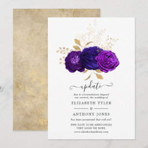 Lila, königsblaue und goldene florale Hochzeitsank Einladung