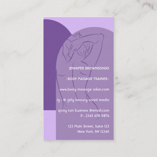 Lila Körperskulptur mit Spray Tan Salon Visitenkarte (Rückseite)