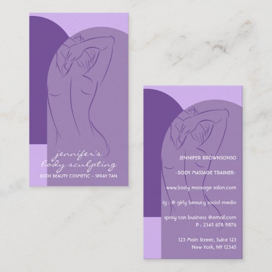 Lila Körperskulptur mit Spray Tan Salon Visitenkarte (Vorne/Hinten)