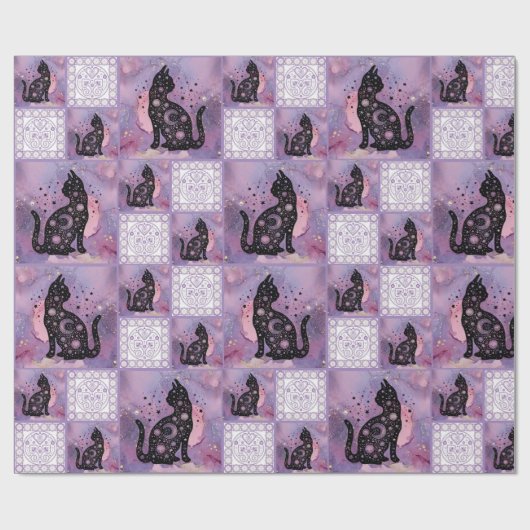 Lila Kosmische Katzen Muster Geschenkpapier (Flach)