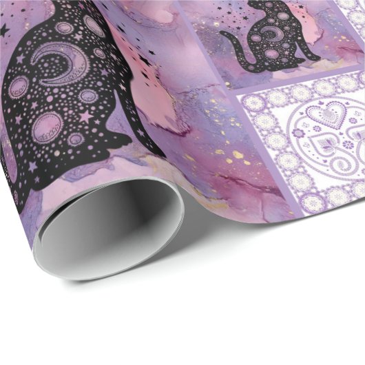 Lila Kosmische Katzen Muster Geschenkpapier (Rolleneckpunkt)