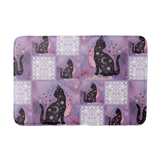 Lila Kosmische Katzen Patchwork Mittlere Größe Badematte (Vorderseite)