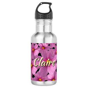 Lila Kosmos-Blumenmuster auf schwarzem Hintergrund Edelstahlflasche