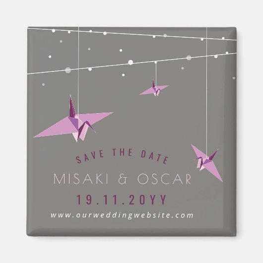 Lila Krane und Leuchtenlampen Save the Date Magnet (Vorne)