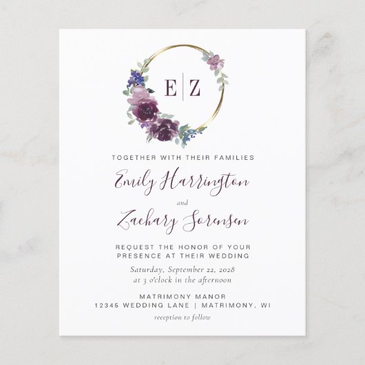 Lila Kranz-Monogramm QR-Hochzeit (Vorderseite)