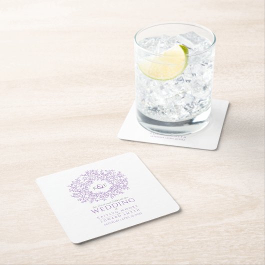 Lila Kreisblätter zeichnend Monogramm-Hochzeit Rechteckiger Pappuntersetzer (Vor Ort)
