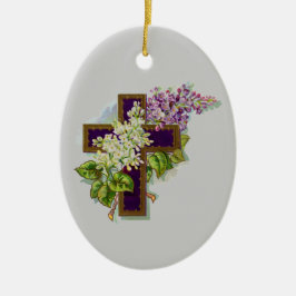 Lila Kreuz mit Blumen Keramik Ornament
