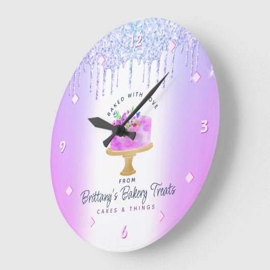 Lila Kuchen Bäckerei Glitzer Tropfen Konditorei Ko Große Wanduhr (Winkel)