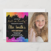 Lila Kunst im Party Paint Birthday mit Foto Einladung (Vorderseite)