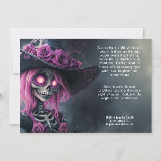 💀 Lila La Calavera in Hut mit Blume Einladung (Rückseite)