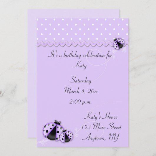 Lila Ladybugs Einladung (Vorne/Hinten)