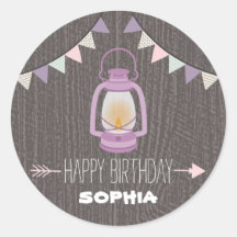 Lila Lantern Camping Geburtstagsaufkleber
