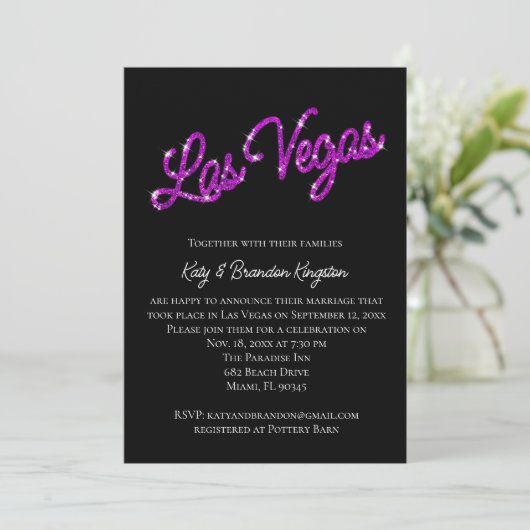 Lila Las Vegas Glitzern Post Hochzeit Einladung (Stehend Vorderseite)